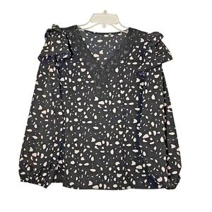 SHEWIN Womens Dalmatian Print V-Neck Ruffle Blouse Black White Size M New